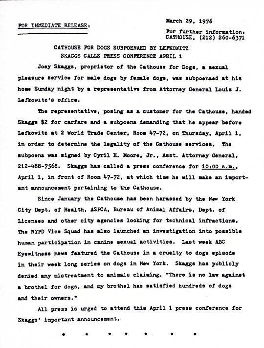 Cathouse for Dogs Press Release: Cathouse For Dogs Subpoenaed by Lefkowitz, March 29, 1976