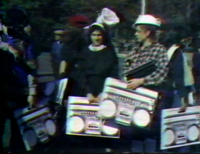 SVA students participate in Joey Skaggs' "Disco Radio" street performance, 1978