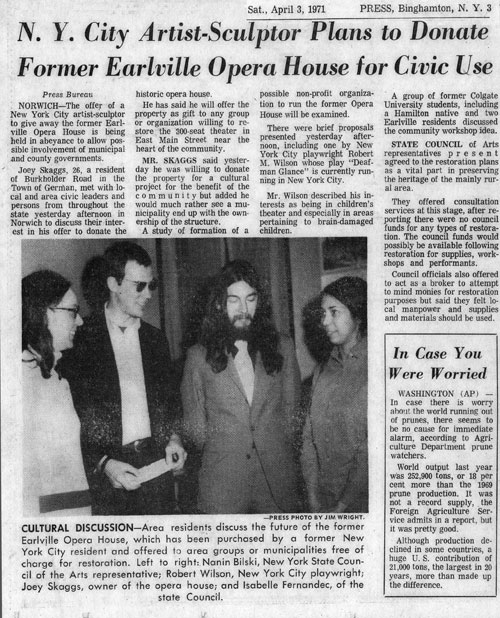 N.Y. City Artist-Sculptor Plans to Donate Former Earlville Opera House for Civic Use, Binghamton Press, April 3, 1971