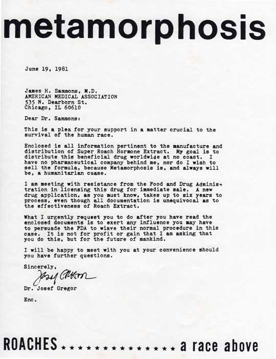 Dr. Josef Gregor Letter to American Medical Association about Metamorphosis, June 19, 1981
