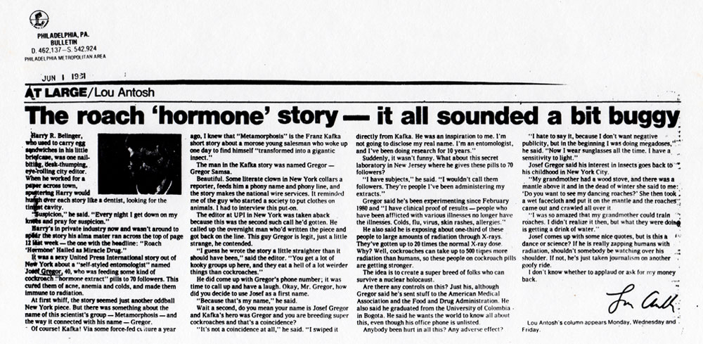 The 'roach' hormone story - it all sounded a bit buggy, by Lou Antosh, Bulletin, Philadelphia PA, June 1, 1981