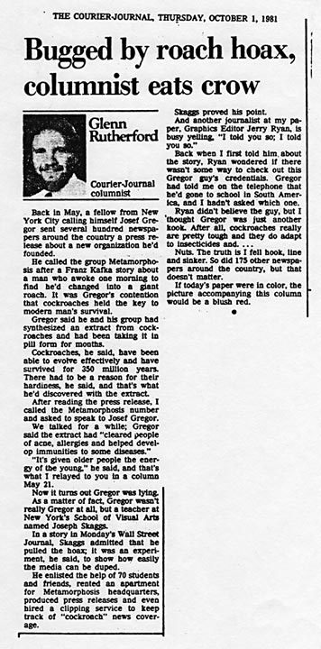 Bugged by roach hoax, columnist eats crow, by Glenn Rutherford, The Courier Journal, October 1, 1981