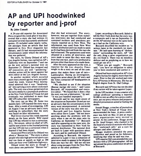 AP & UPI hookwinked by reporter and j-prof, by John Consoli, Editor & Publisher, October 3, 1981