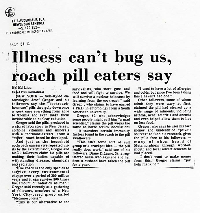 Illness can't bug us, pill eaters say, by Ed Lion, UPI, News Sun Sentinel, Ft. Lauderdale, Florida, May 31, 1981