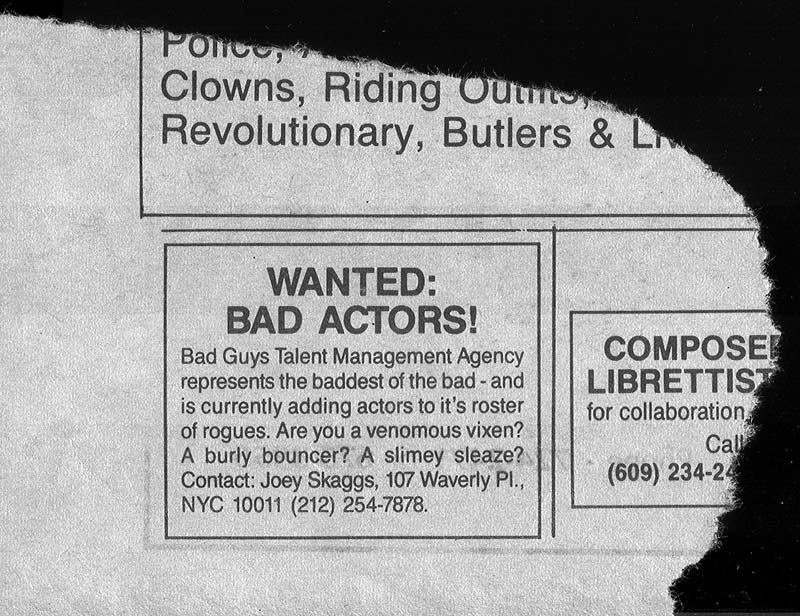 Bad Guys Classified Ad, Village Voice, May, 1984