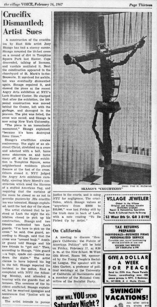 Crucifix Dismantled; Artist Sues, The Village Voice, February 16, 1967