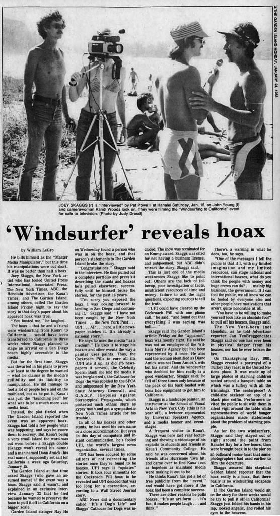 'Windsurfer reveals hoax, Garden Island News, January 24, 1983