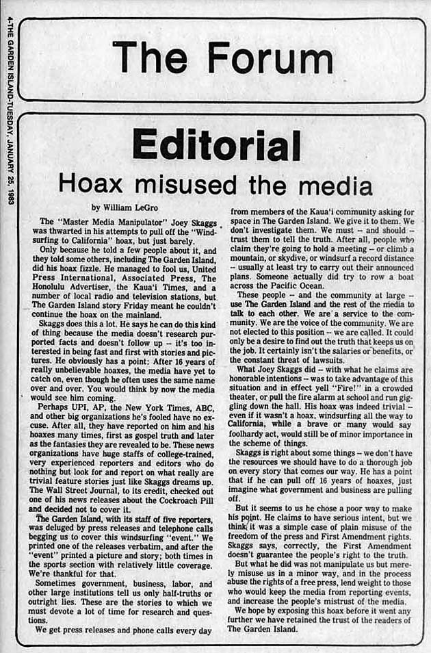 Hoax misused the media editorial, Garden Island News, January 25, 1983