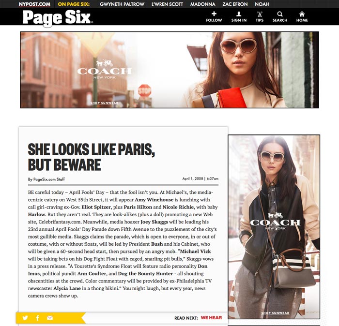 She Looks Like Paris But Beware, Page Six, New York Post, April 1, 2008