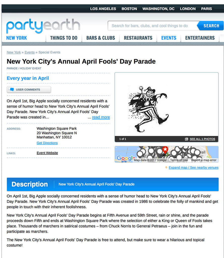 New York City’s Annual April Fools’ Day Parade, Party Earth, April 1, 2017