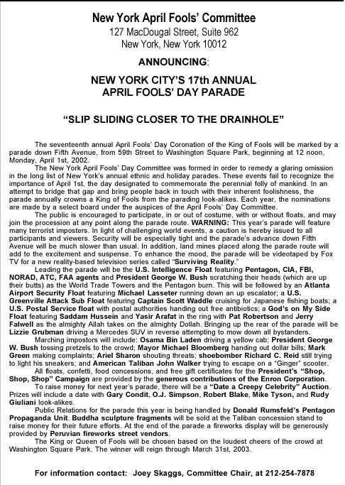 17th Annual April Fools' Day Parade press release, 2002