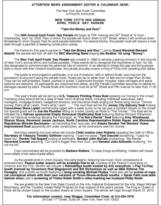 24th Annual April Fools' Day Parade press release, 2009