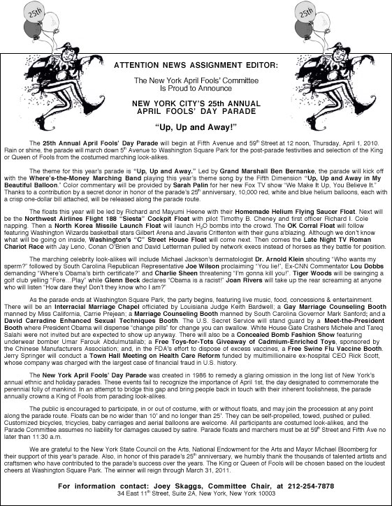 25th Annual April Fools' Day Parade press release, 2010