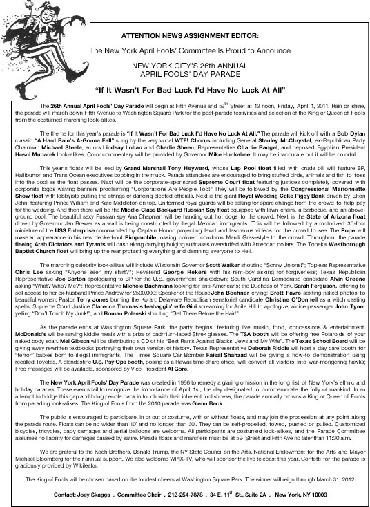 26th Annual April Fools' Day Parade press release, 2011