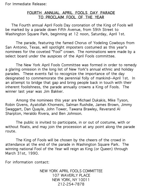 4th Annual April Fools' Day Parade press release, 1989