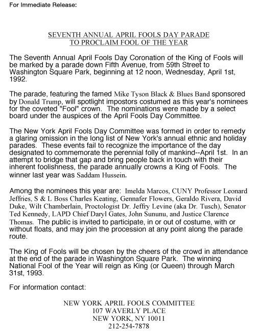 7th Annual April Fools' Day Parade press release, 1992