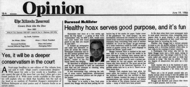 Health hoax serves good purpose, and it's fun, by Durwood McAlister, Atlanta Journal, June 19. 1986