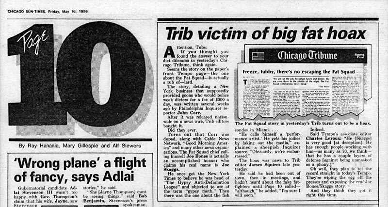 Trib victim of big fat hoax, Chicago Sun Times, May 16, 1986