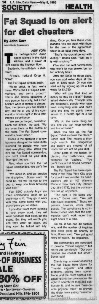 Fat Squad is on alert for diet cheaters, by John Corr, LA Daily News, May 8, 1986