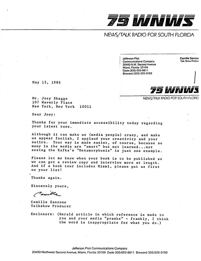 Letter from Camille Sanzone, Talkshow Producer, 79 WNWS Radio, South Florida, May, 15, 1986