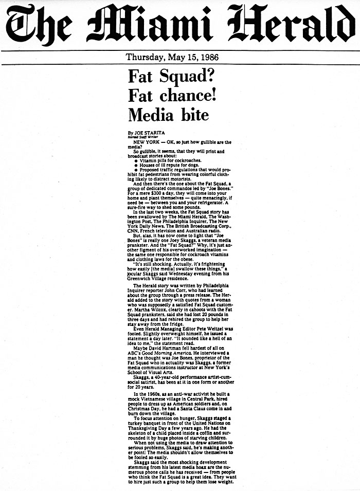 Fat Squad? Fat chance! Media bite, by Joe Starita, The Miami Herald, May 15, 1986