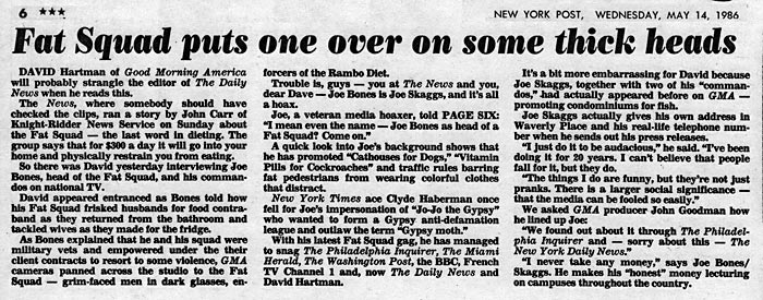 Page Six: Fat Squad puts one over on some thick heads, New York Post, May 14, 1986