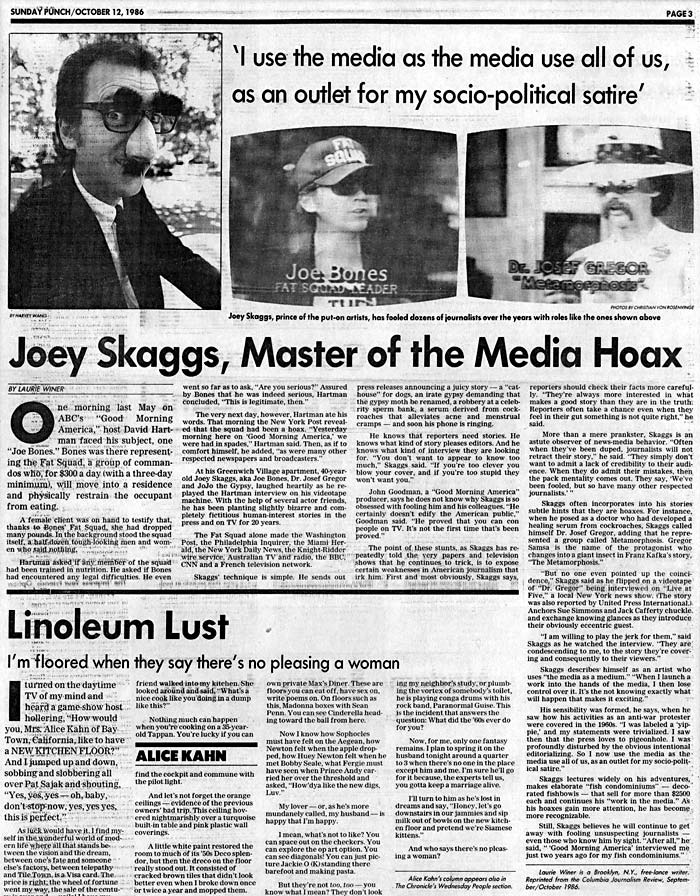 Joey Skaggs, Master of the Media Hoax, by Laurie Winer, San Francisco Examiner, October 12, 1986