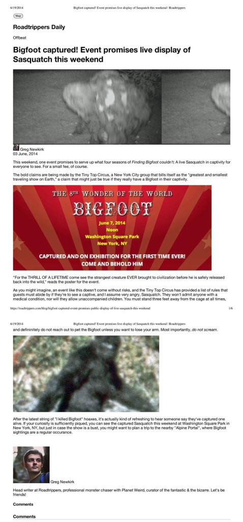 Bigfoot captured! Event promises live display of Sasquatch this weekend, Roadtrippers, June 3, 2014
