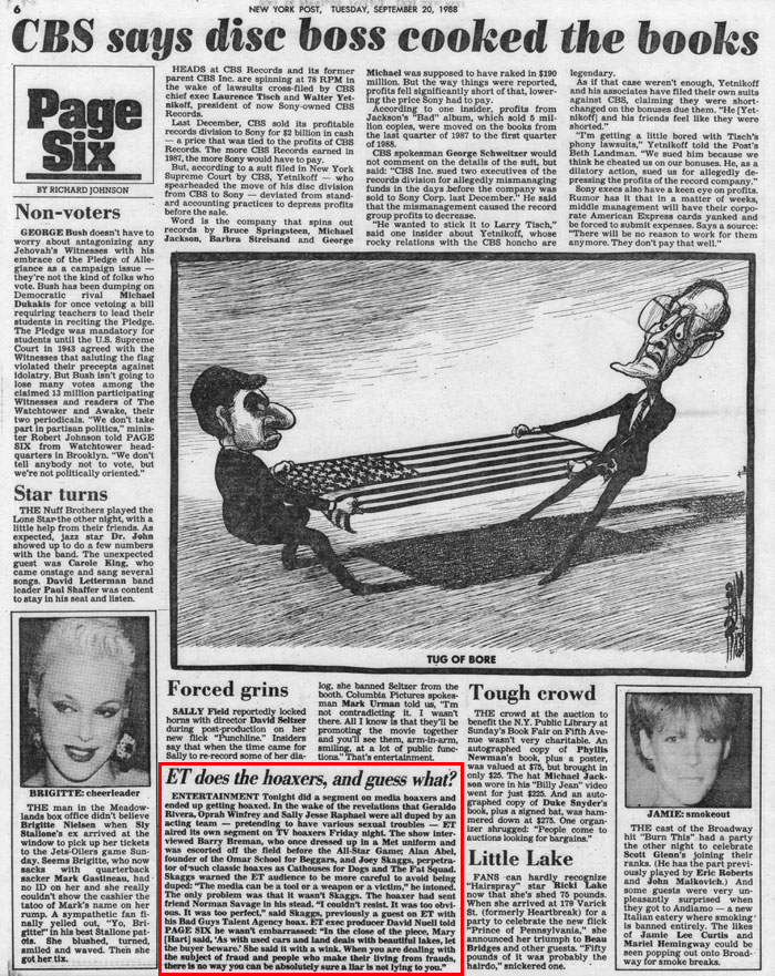 ET does the hoaxers, and guess what? by Richard Johnson, Page Six, New York Post, September 20, 1988