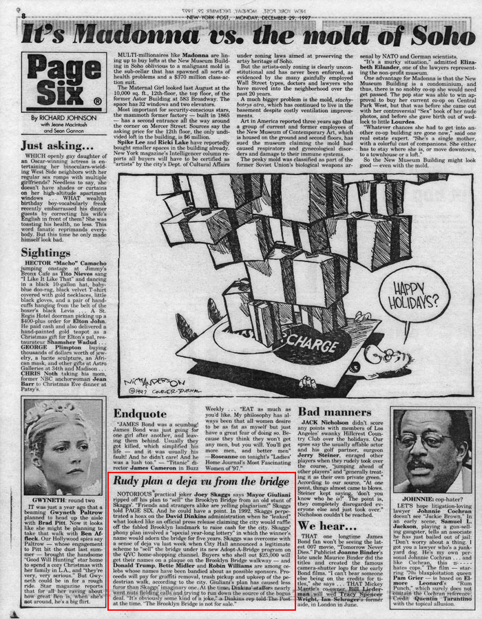 Rudy plan a deja vu from the bridge, by Richard Johnson, Page Six, New York Post, December 29, 1997