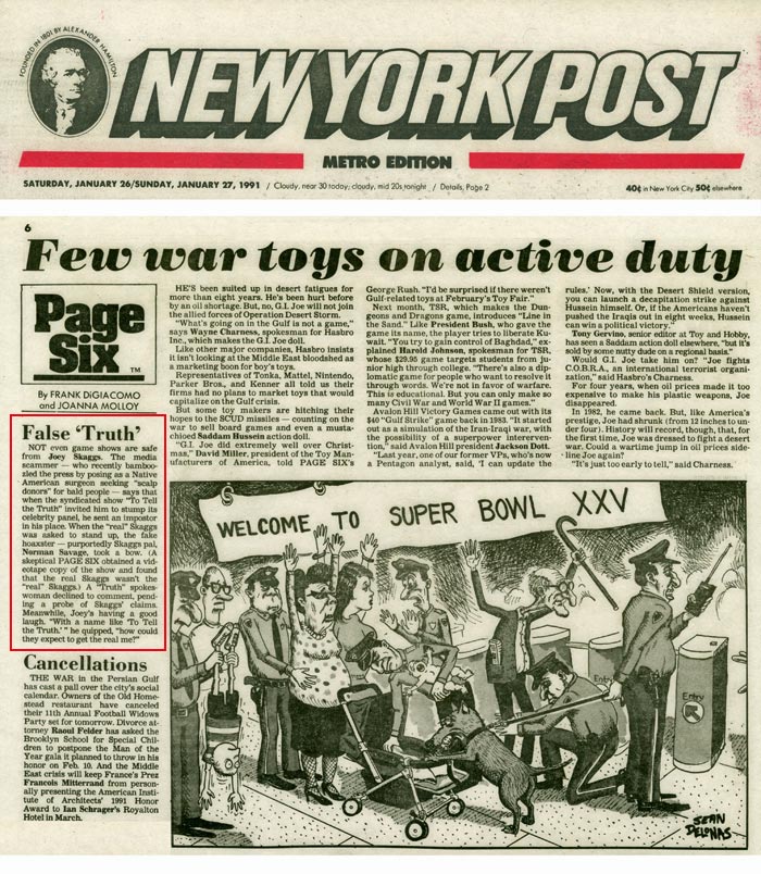 False 'Truth', by Frank DiGiacomo and Joanna Molloy, New York Post Page Six, January 27, 1991