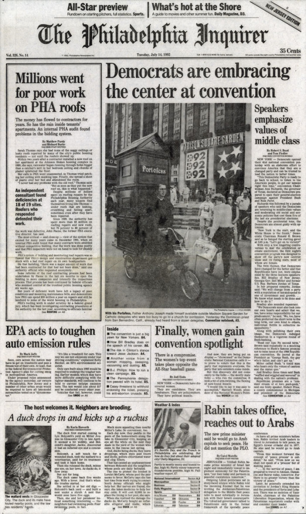 Democrats are embracing center at convention, Philadelphia Inquirer, July 14, 1992