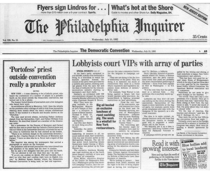 'Portofess' priest outside convention really a prankster, Philadelphia Inquirer, July 15, 1992
