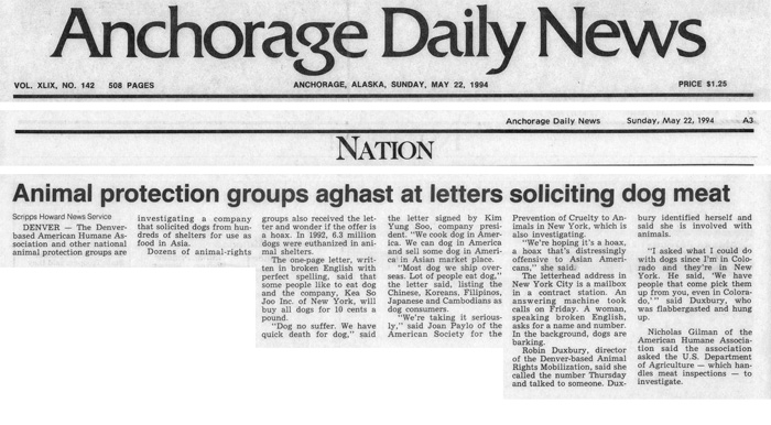 Animal protection groups aghast at letters soliciting dog meat, Anchorage Daily News, May 22, 1994