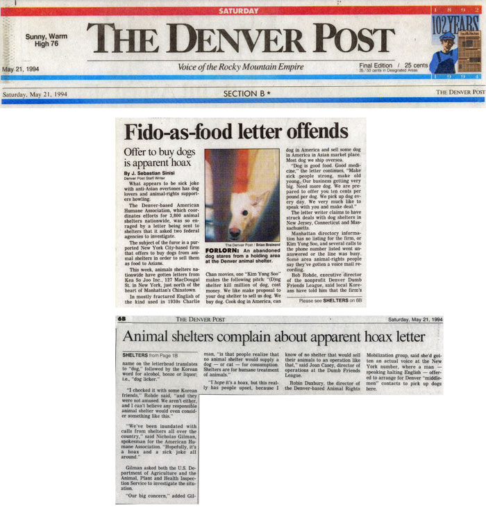 Fido-as-food letter offends, The Denver Post, May 21, 1994