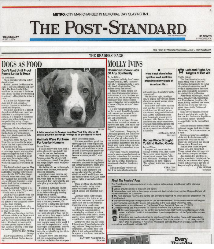 The Readers Page: Dogs as Food - Don't Rest Until Proof Found Letter is a Hoax + Animals Were Put Here for Use by Humans, The Post-Standard, June 1, 1994