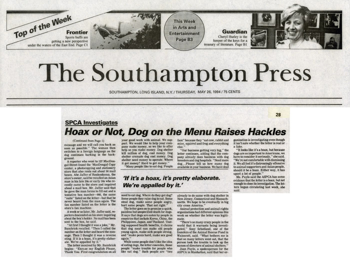 SPCA Investigates: Hoax or Not, Dog on the Menu Raises Hackles, The Southampton Press, May 26, 1994