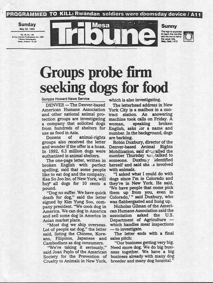 Groups probe firm seeking dogs for food, Mesa Tribune, May 22, 1994