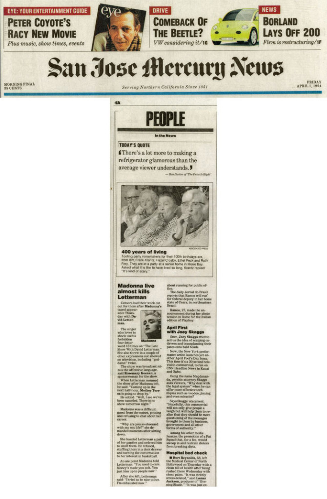 People in the News: April Fools' with Joey Skaggs, San Jose Mercury News, April 1, 1994