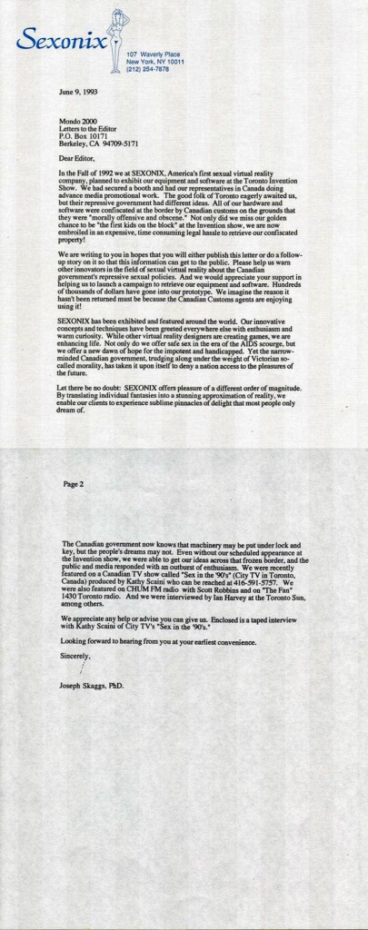 Correspondence from Sexonix to Mondo 2000, June 9, 1993