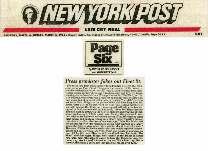 Page Six: Press prankster fakes out Fleet St., New York Post, March 5, 1995
