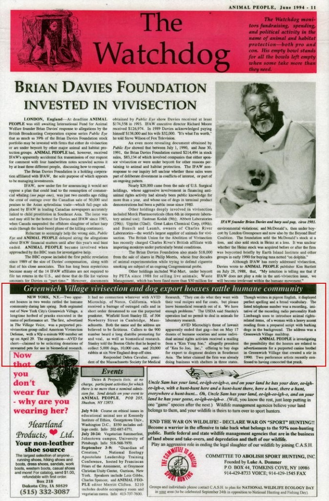 The Watchdog: Greenwich Village vivisection and dog export hoaxes rattle humane community, Animal People, June 1994