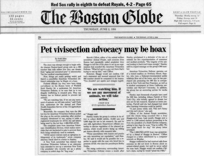 Pet vivisection advocacy may be hoax, Boston Globe, June 2, 1994
