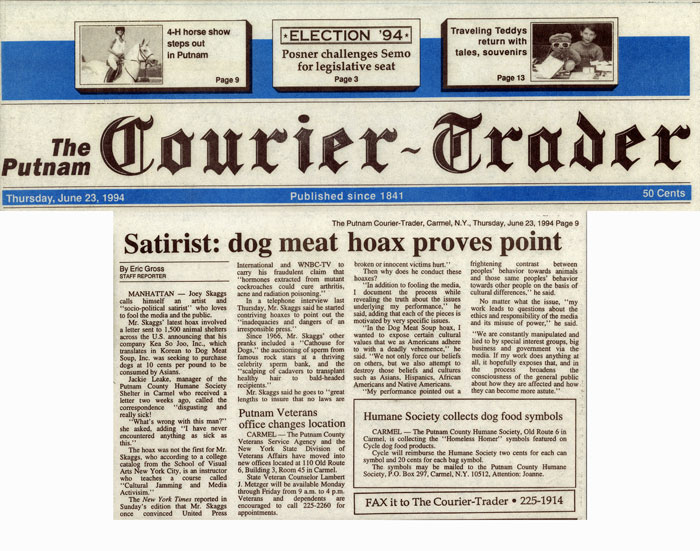 Satirists: dog meat hoax proves point, The Putnam Courier Trader, June 23, 1994