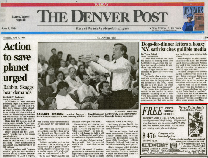 Dogs-for-dinner letters a hoax; N.Y. satirist cites gullible media, The Denver Post, June 7, 1994