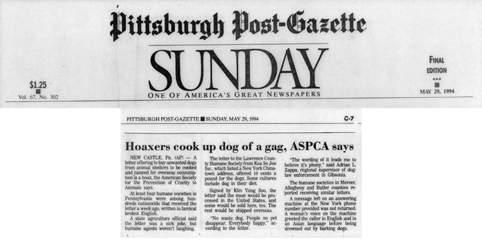Hoaxers cook up dog of a gag, ASPCA says, Pittsburgh Post-Gazette, May 29, 1994