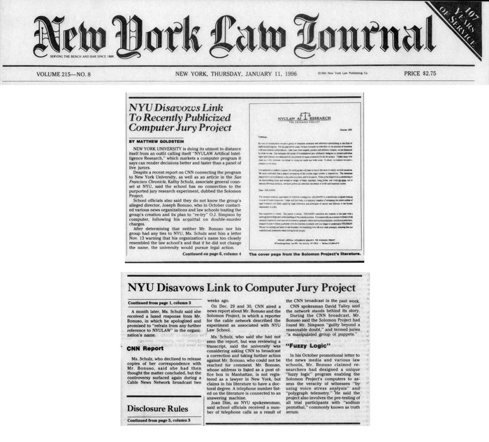 NYU Disavows Link To Recently Publicized Computer Jury Project, New York Law Journal, January 11, 1996