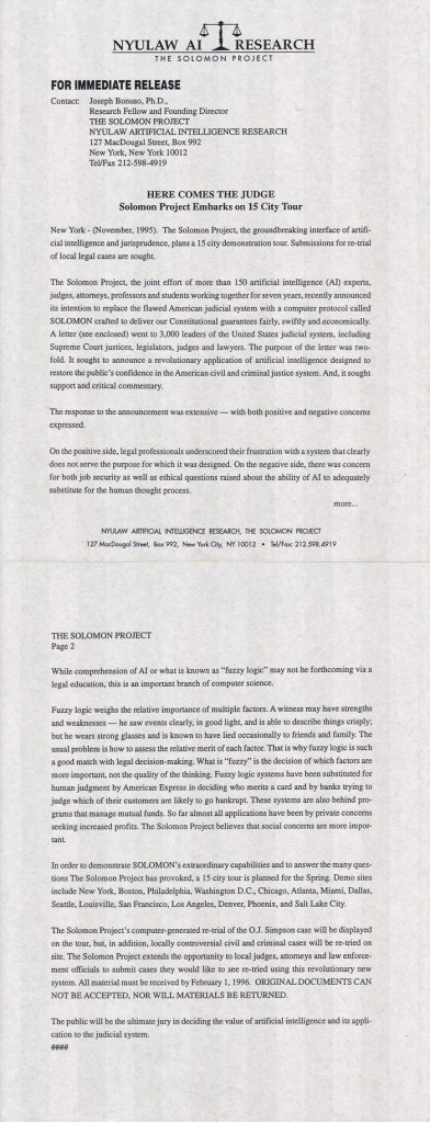 Solomon Project press release #2, November 1995