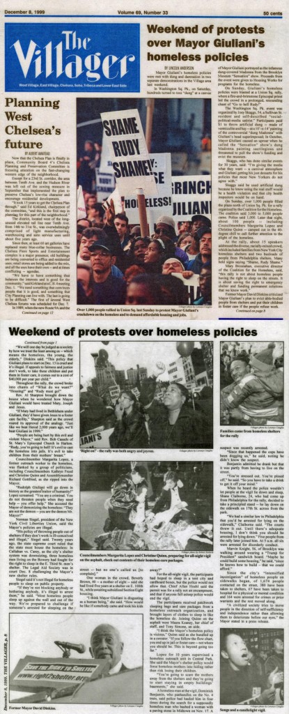 Weekend of protests over Mayor Giuliani's homeless policies, by Lincoln Anderson, The Villager, December 8, 1999