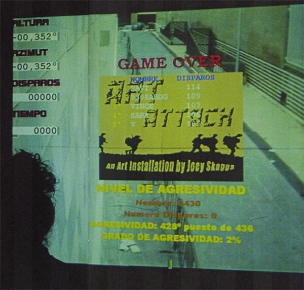 Joey Skaggs' Art Attack arcade game screen, EACC Museum Catalog, October, 2002